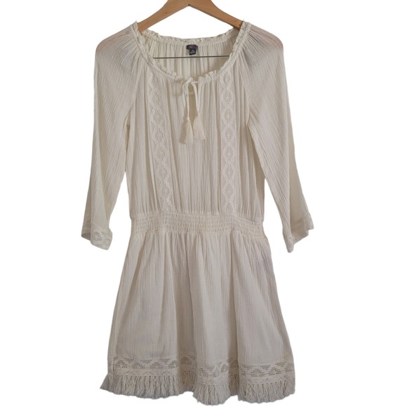 aerie Dresses & Skirts - Aerie Womens Size XS White Gauze Summer Mini Dress Crochet trim Long Sleeve Boho